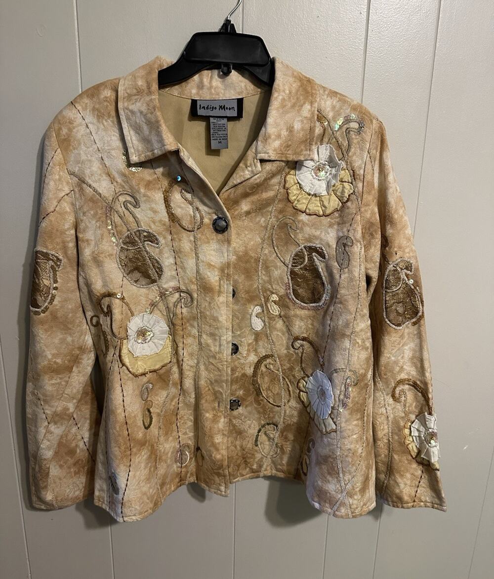 Indigo Moon Women’s Beige Floral Embroidered Sequin Lined Jacket M